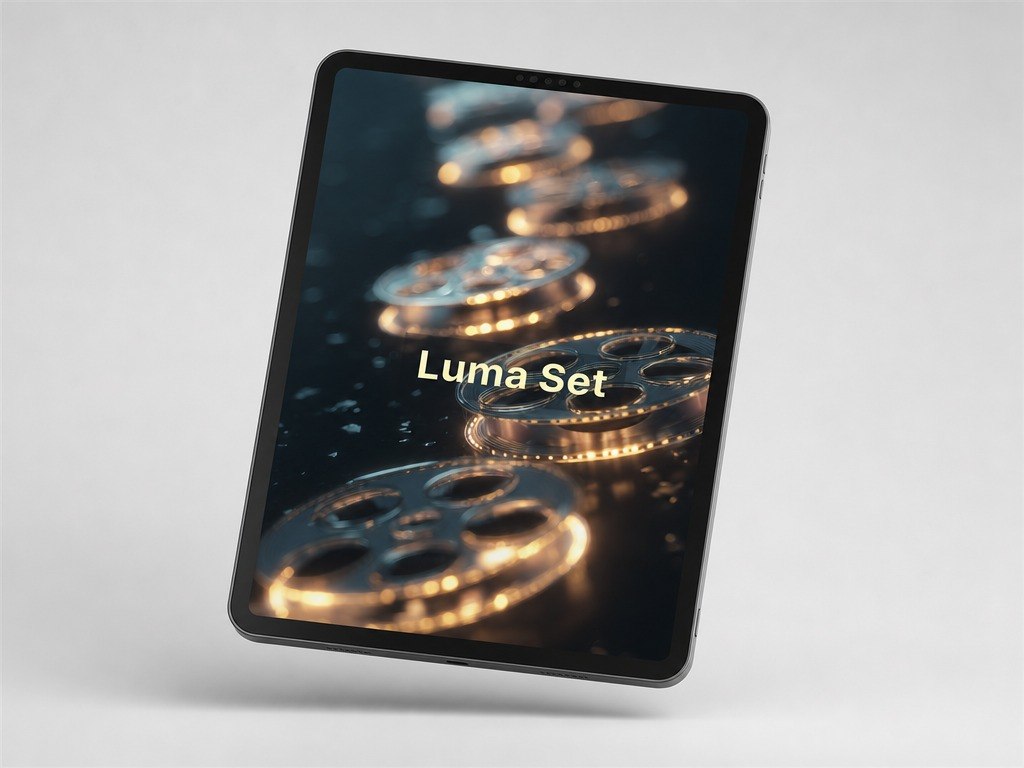 Tablet displaying a screen with 'Luma Set' text on a light gray background