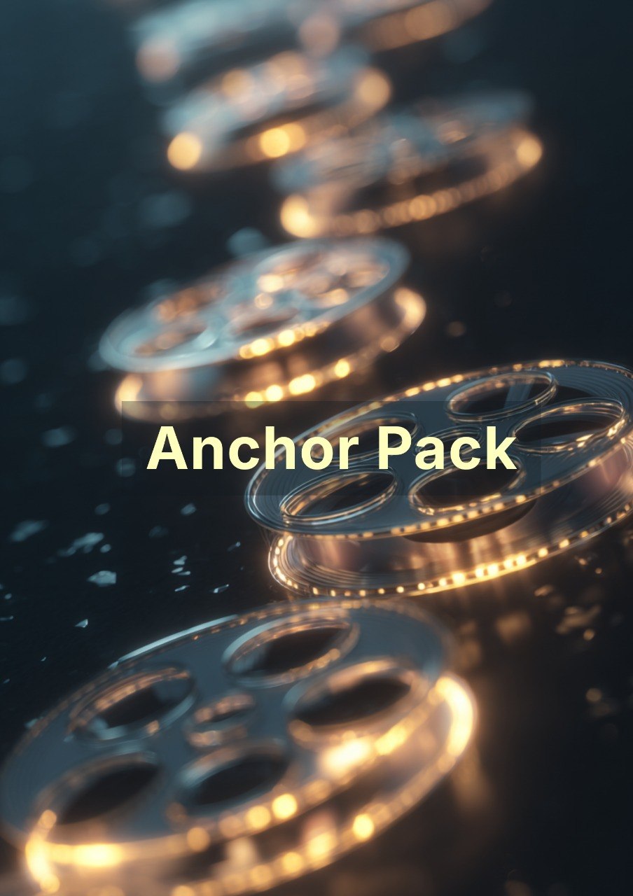 Close-up of metallic reel-to-reel tapes with 'Anchor Pack' text on a dark background