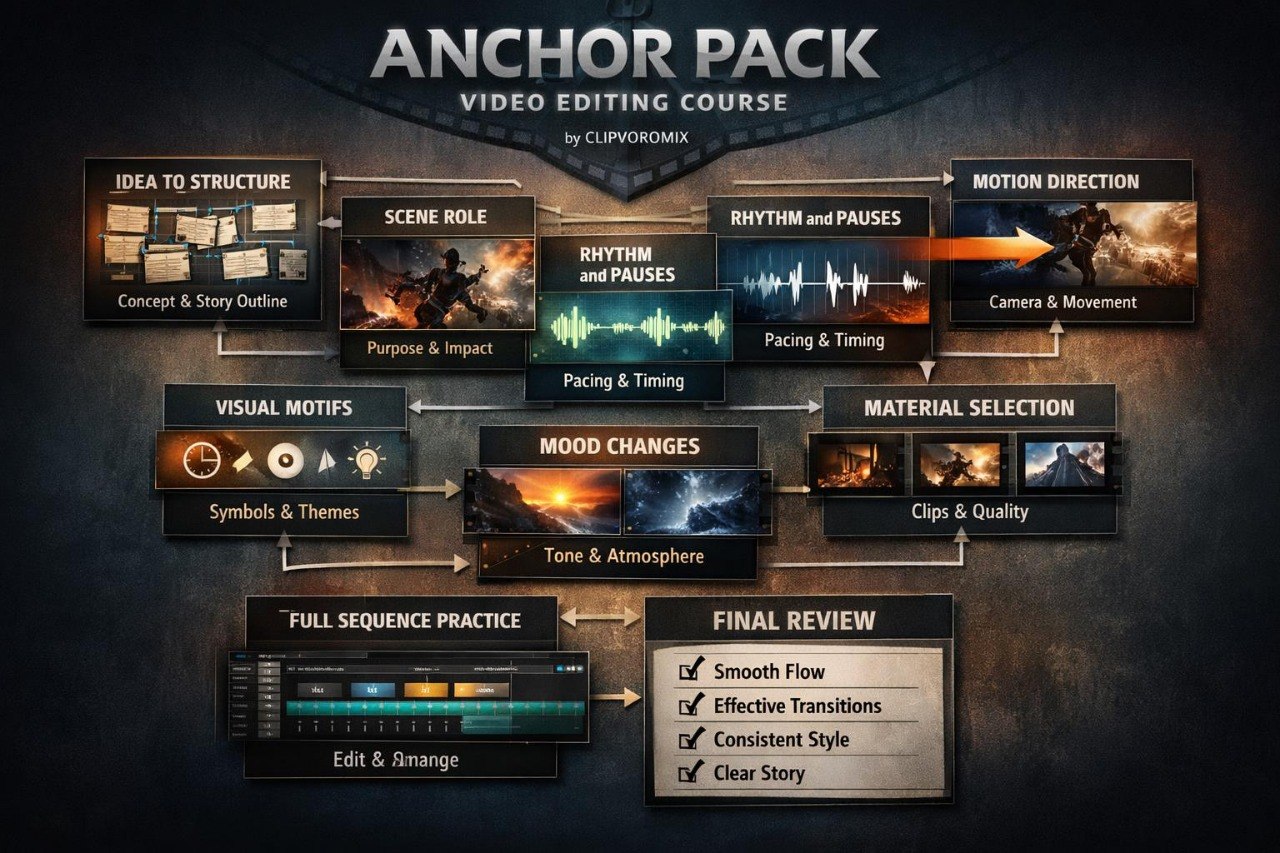 Anchor Pack video editing course by Cliproomix with various modules on a dark background