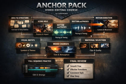 Anchor Pack video editing course by Cliproomix with various modules on a dark background