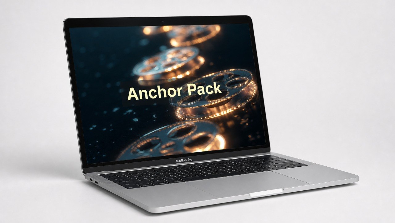 Laptop displaying 'Anchor Pack' on a screen with a white background