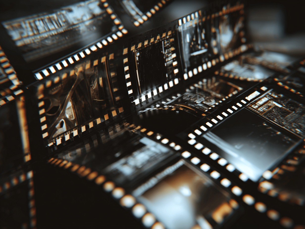 Close-up of film negatives stacked together