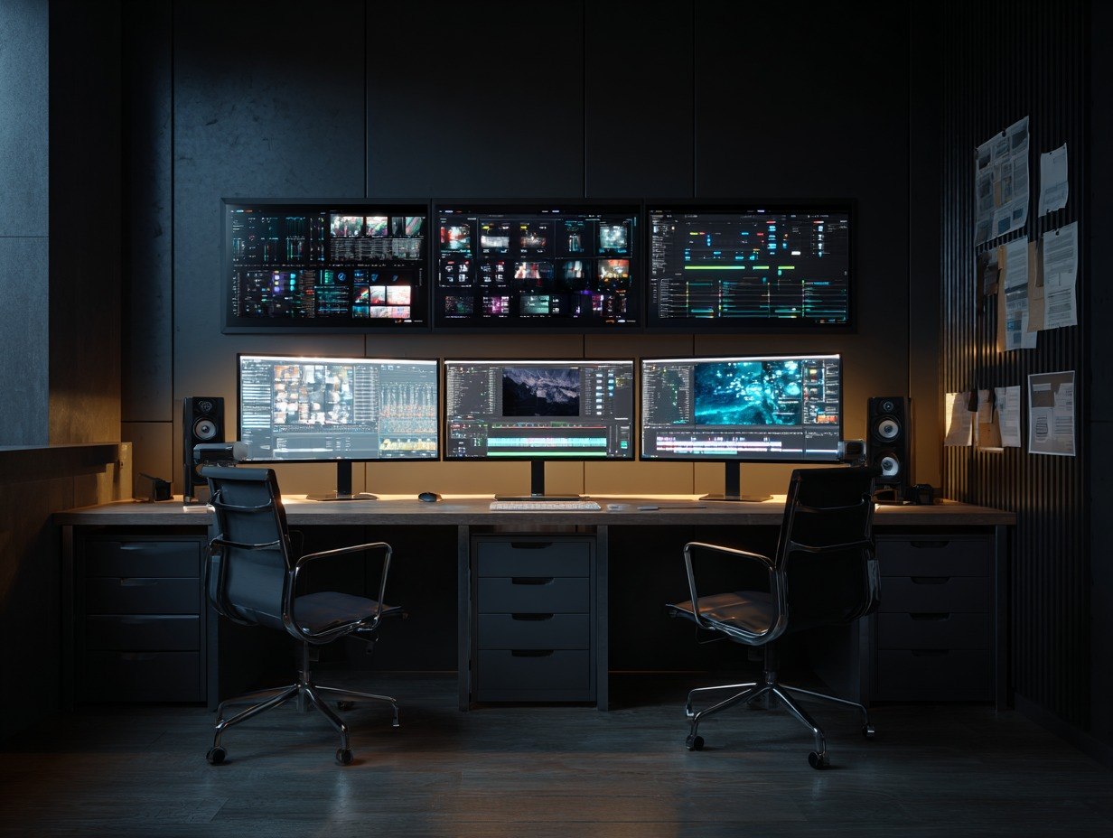 Control room with multiple monitors and a desk setup