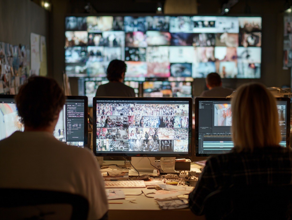 People working in a control room with multiple monitors displaying video feeds.