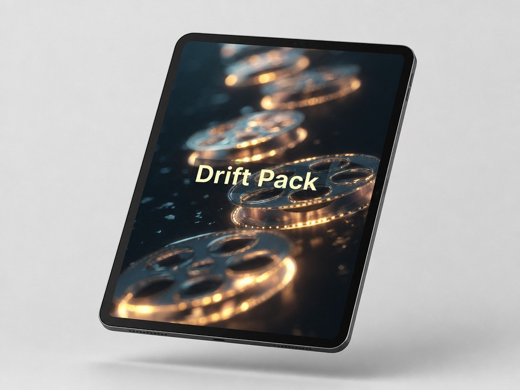 Digital product packaging with 'Drift Pack' text on a tablet device