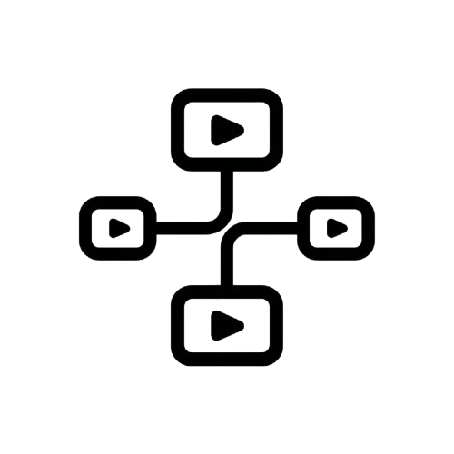 Black icon of a central play button with four branching buttons on a white background