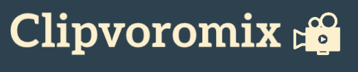 Logo of Clipvoromix with a video camera icon on a dark blue background