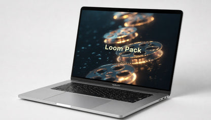 Laptop with 'Loom Pack' on screen against a white background