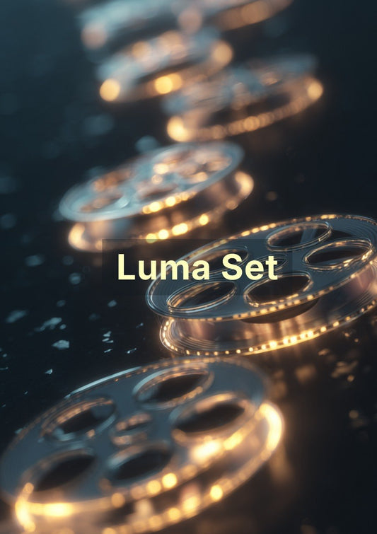 Close-up of metallic film reels with 'Luma Set' text on a dark background