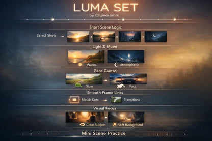 Luma Set interface by Clipvoromix with various scene options and settings.