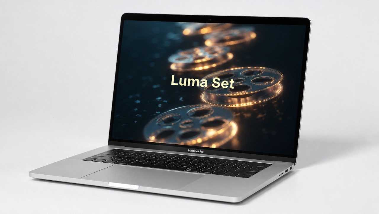 Laptop with 'Luma Set' on screen displaying film reels against a dark background