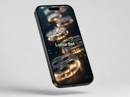 Phone case with 'Luma Set' design on a gray background