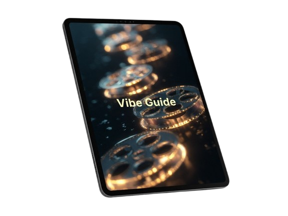 Phone case with 'Vibe Guide' text and reel-to-reel tape design on a white background