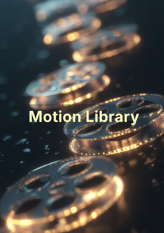 Close-up of metallic film reels with 'Motion Library' text overlay on a dark background