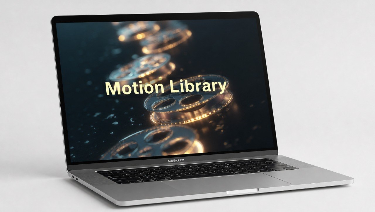 Laptop displaying 'Motion Library' on a screen with a blurred background