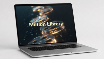 Laptop displaying 'Motion Library' on a screen with a blurred background