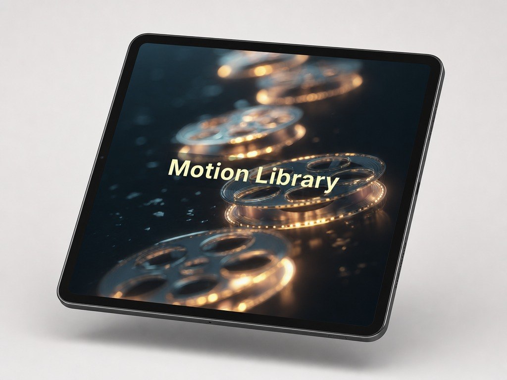 Tablet displaying 'Motion Library' with film reel graphics on a light gray background
