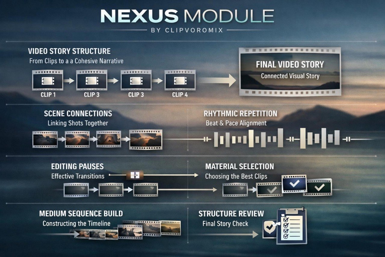 Diagram of the Nexus Module by ClipVoromix with video story structure and editing process.
