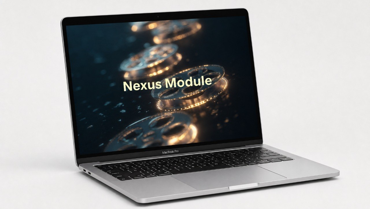 Laptop displaying 'Nexus Module' on a screen with a white background