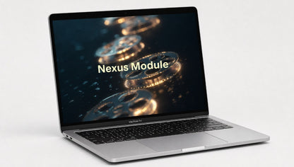 Laptop displaying 'Nexus Module' on a screen with a white background